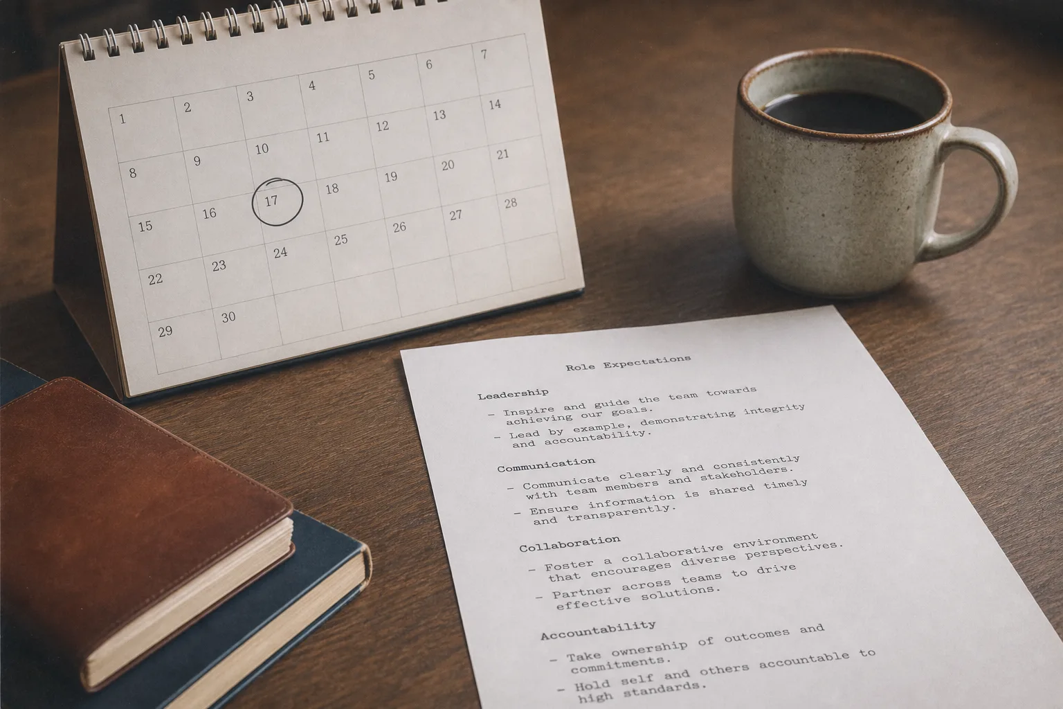 A desk calendar with a date circled in ink, beside a single printed page of typed role expectations and a coffee cup