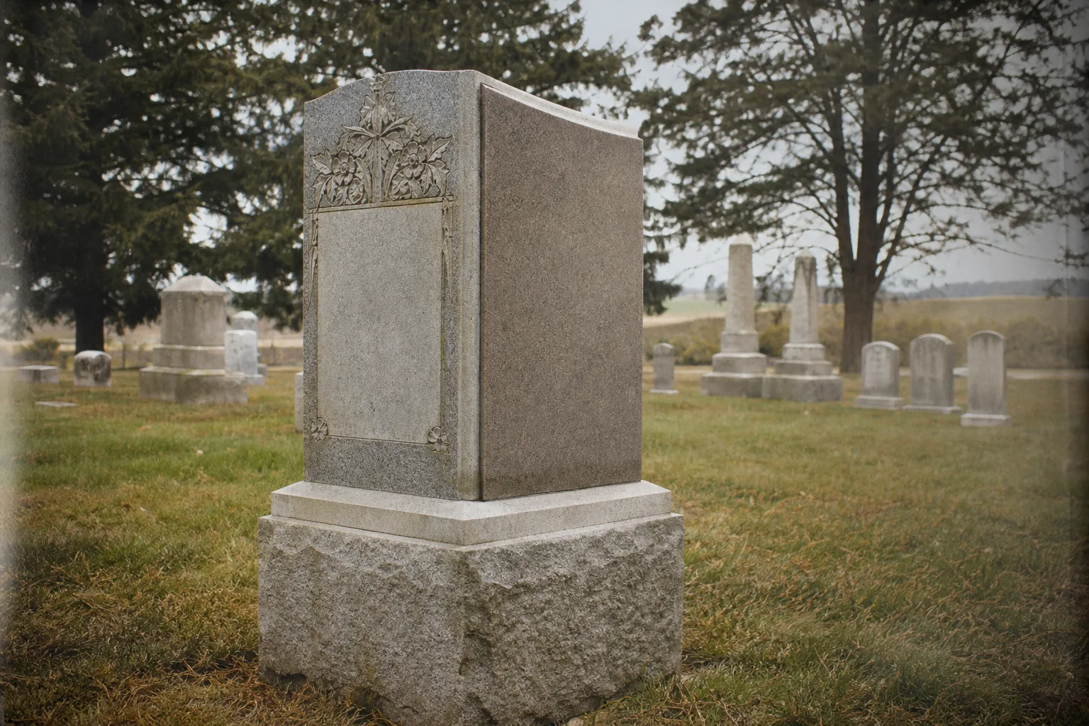 A granite upright monument with a companion base standing in a rural cemetery, one side engraved and the other side left blank, with older family headstones...
