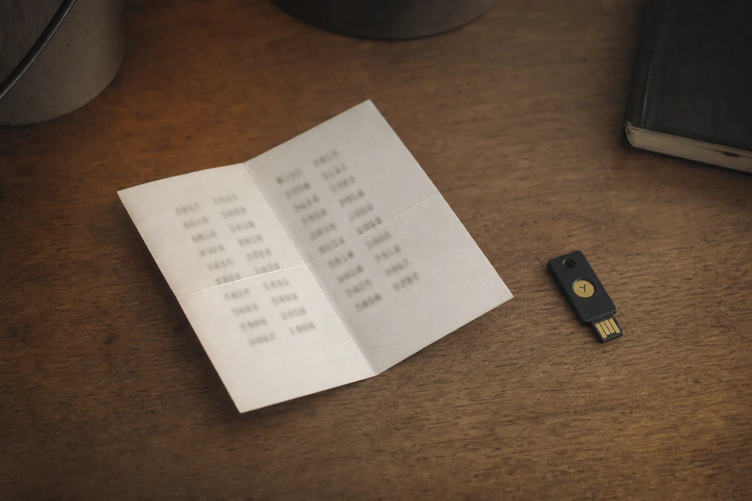 A printed sheet of recovery codes folded beside a small hardware security key on a desk