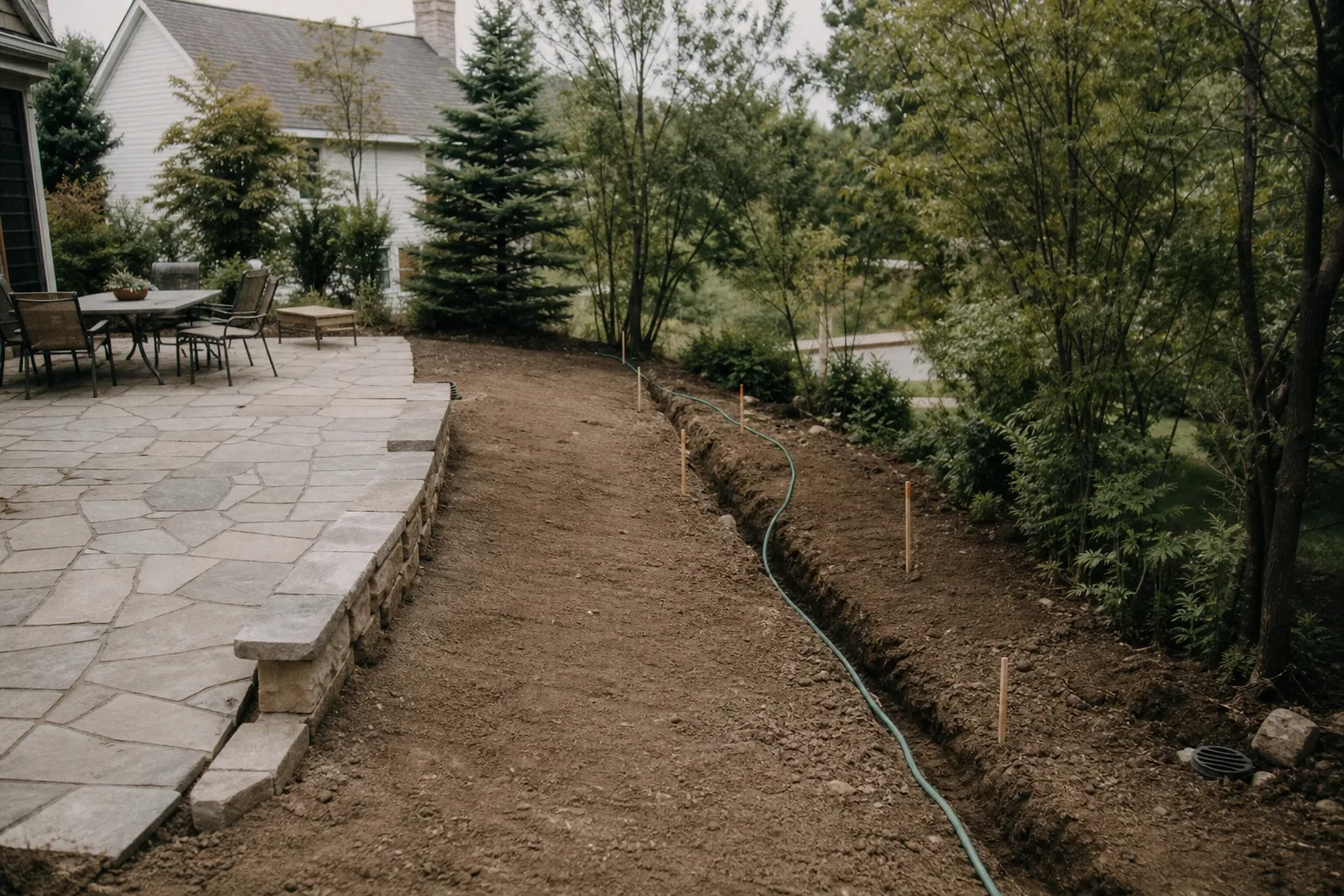 A residential backyard mid-repair, with a completed stone patio intact and a freshly graded strip of bare soil beside it, a shallow trench running toward a d...