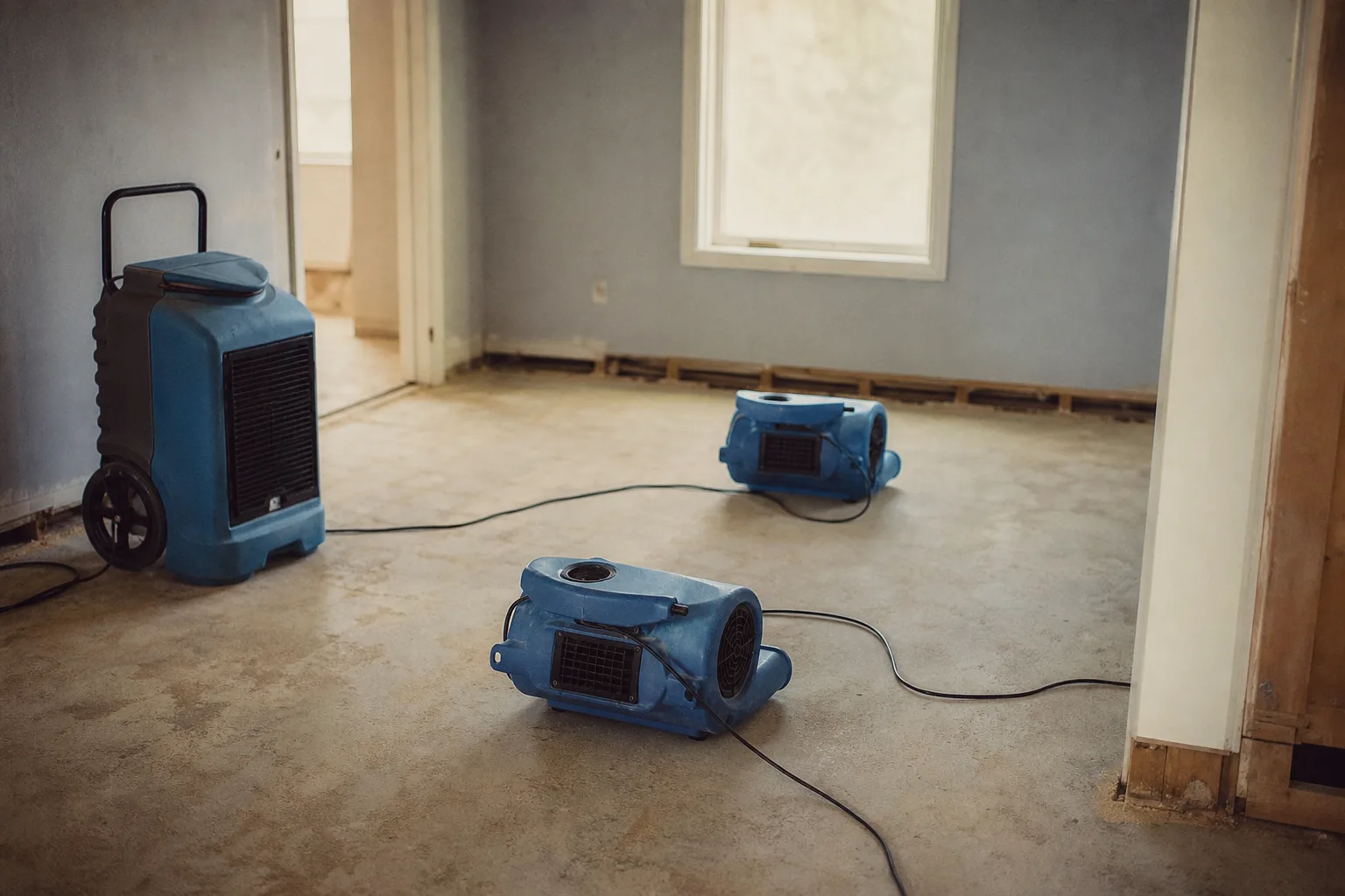 A dehumidifier and two air movers running on a bare subfloor in a partly emptied room with baseboards removed