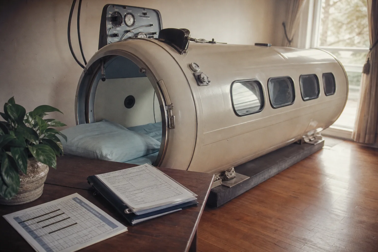 A single-person hyperbaric chamber set up in a residential room, with a printed treatment schedule and a folder of medical paperwork on a nearby table