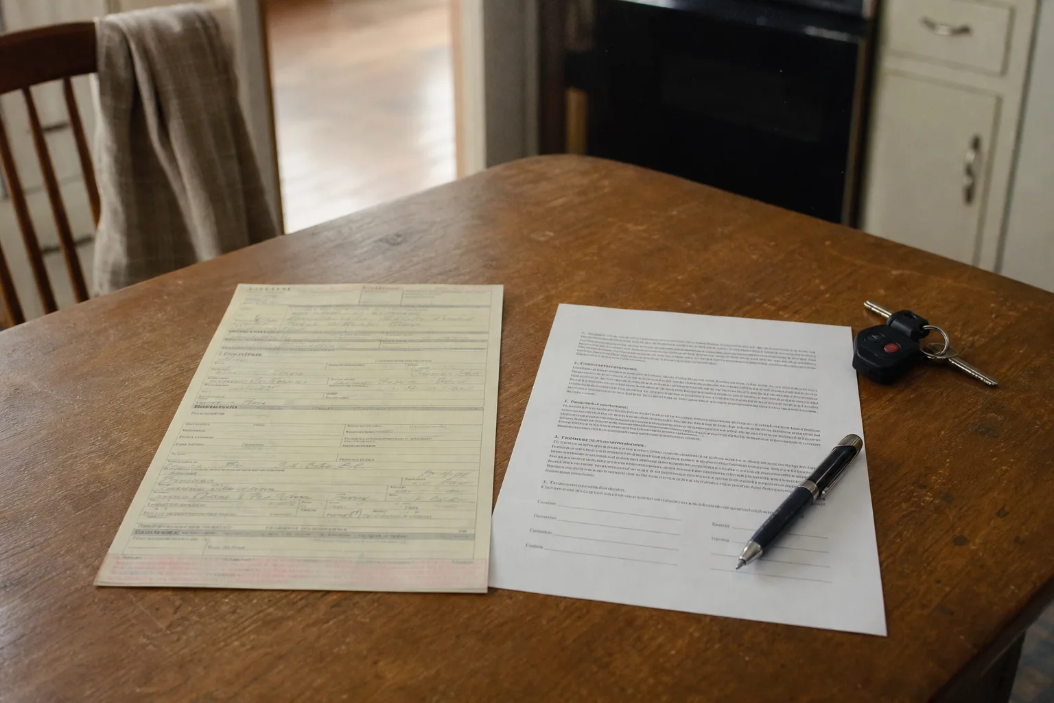 A traffic citation and a printed legal fee agreement lying side by side on a kitchen table, with a pen and a set of car keys