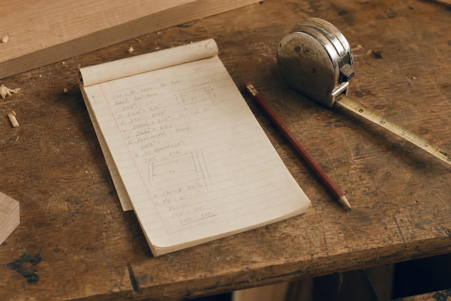 A carpenter's handwritten estimate pad on a workbench with a pencil and a tape measure beside it