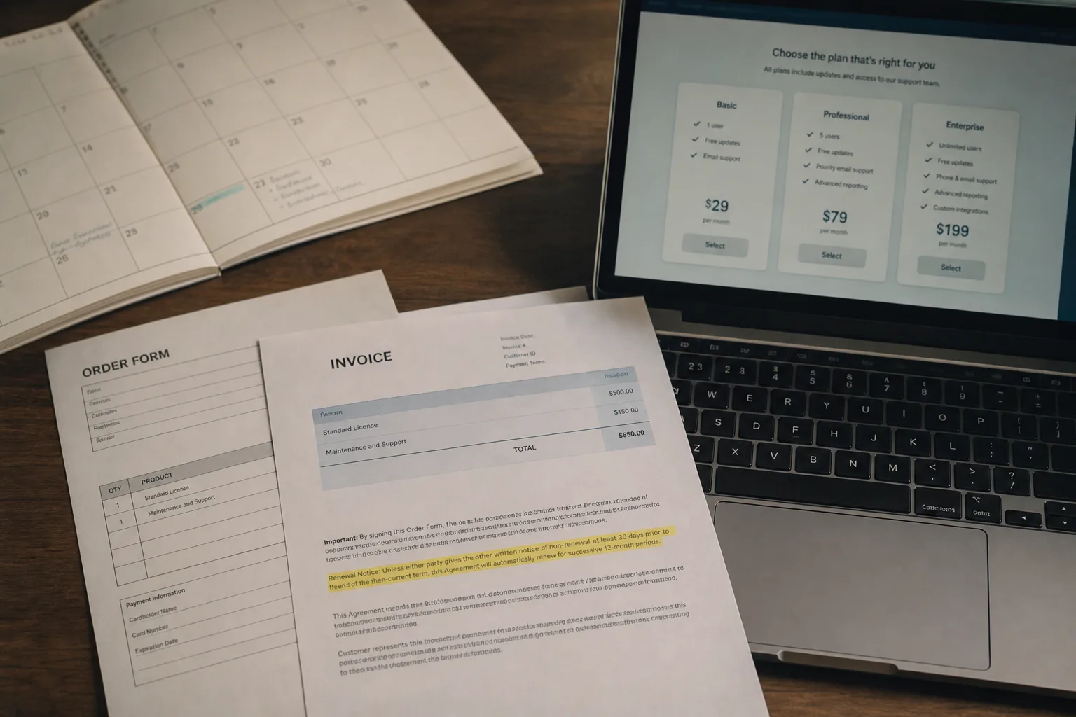 A printed software order form and invoice spread across a desk with a highlighted notice clause, a calendar page, and a laptop showing a vendor subscription...