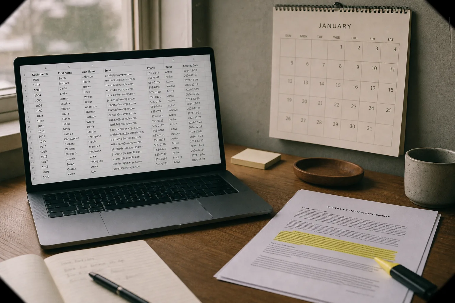 A laptop on a desk showing a spreadsheet export of customer records, beside a printed software contract with one paragraph marked in highlighter and a wall c...