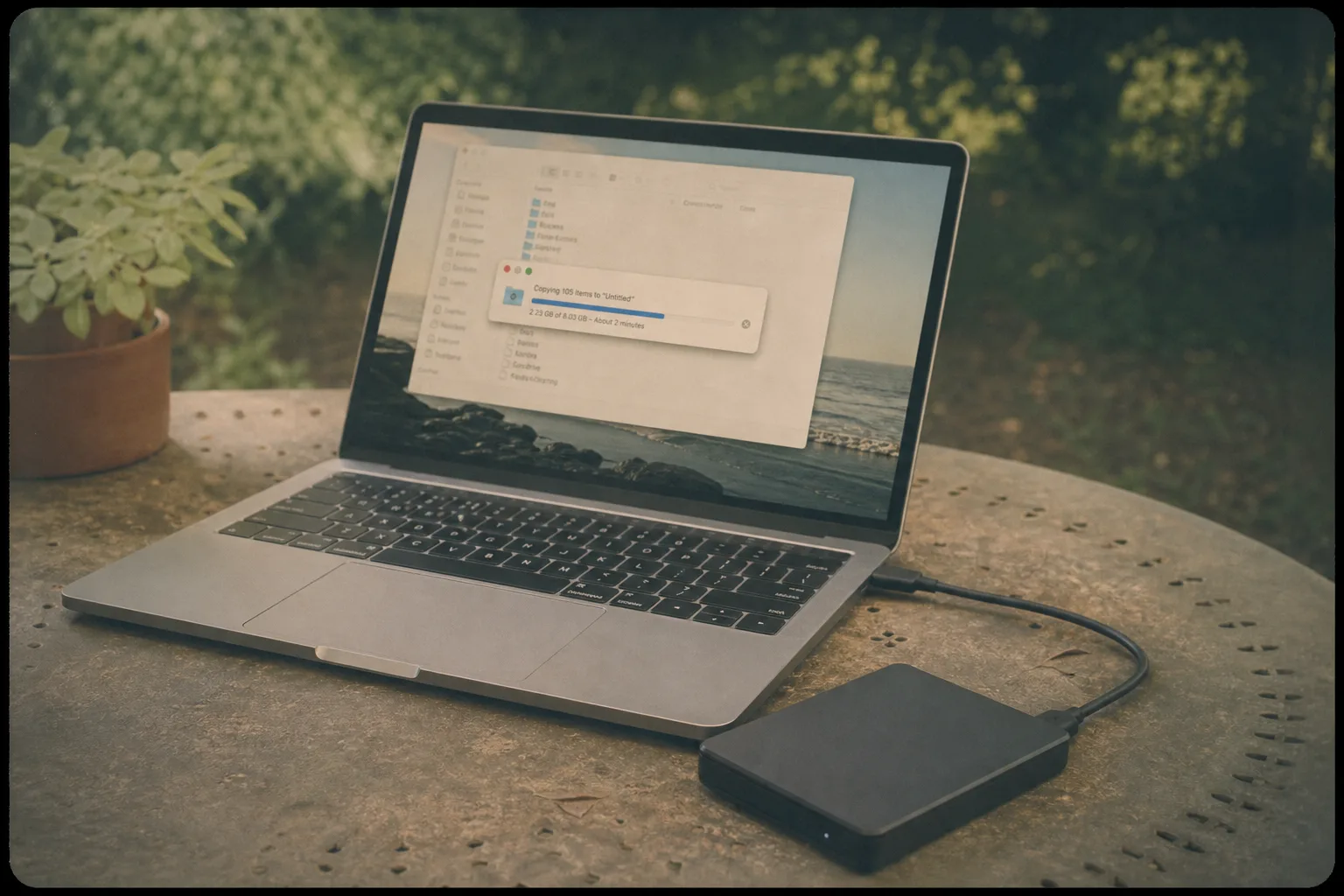 An external drive connected to a laptop with a file transfer window open on the screen