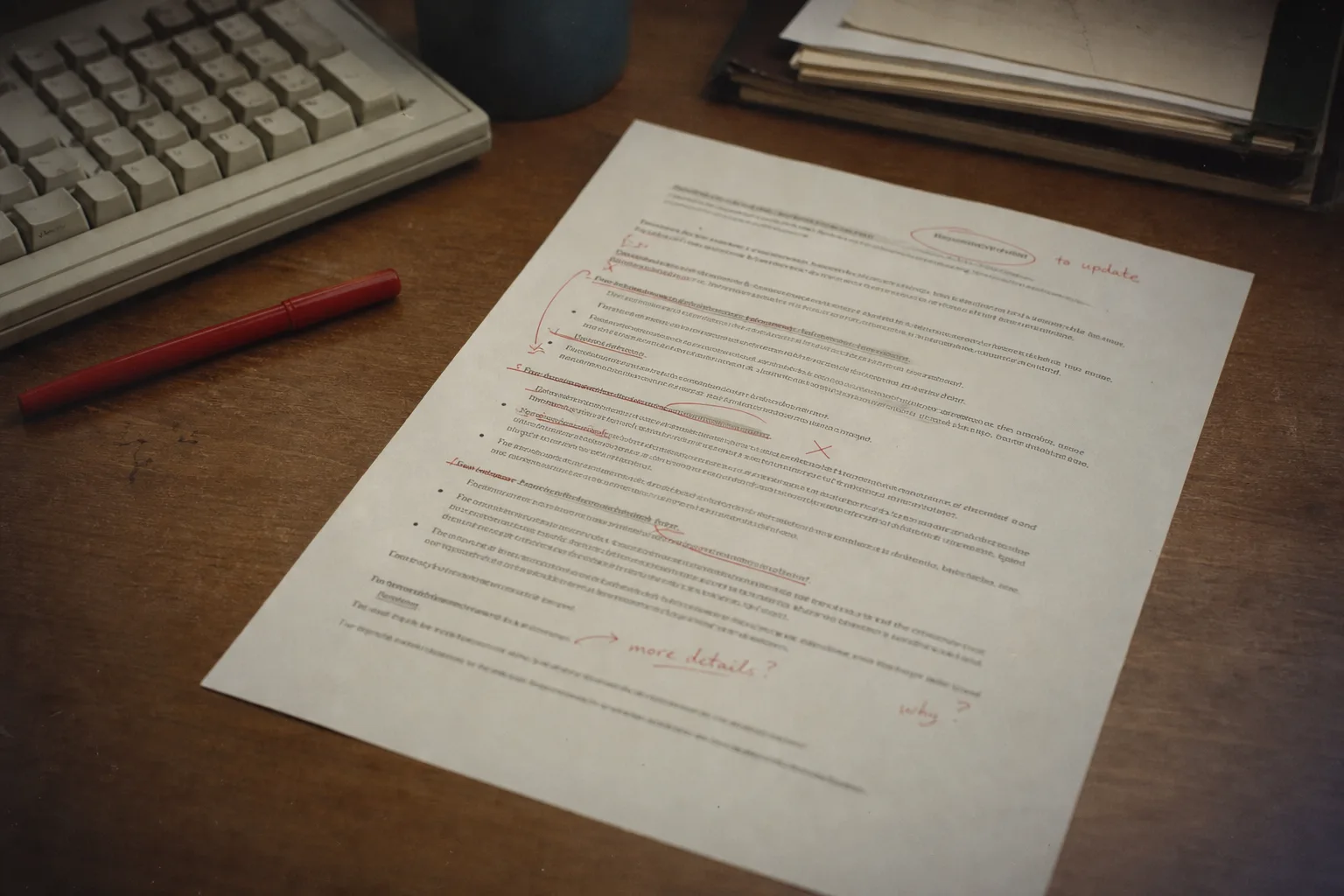 A printed job advertisement marked up with red pen edits on a desk beside a keyboard