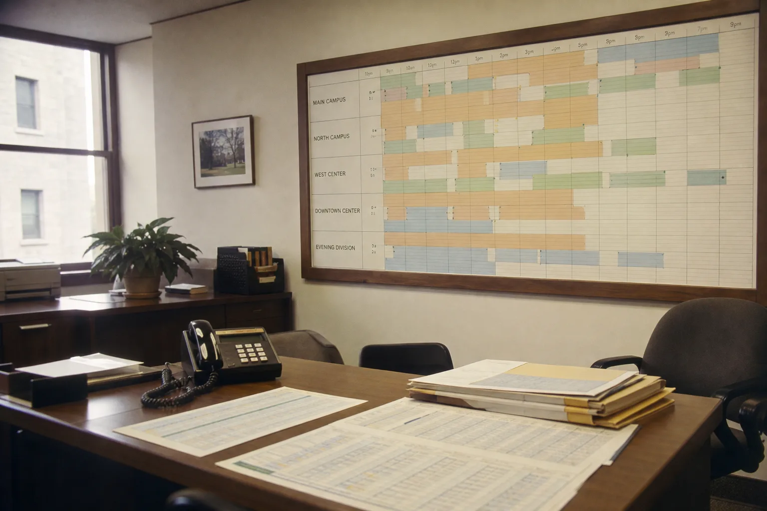 A college administrative office with a wall-mounted course schedule board showing multiple campus locations, a desk phone, and printed enrollment sheets