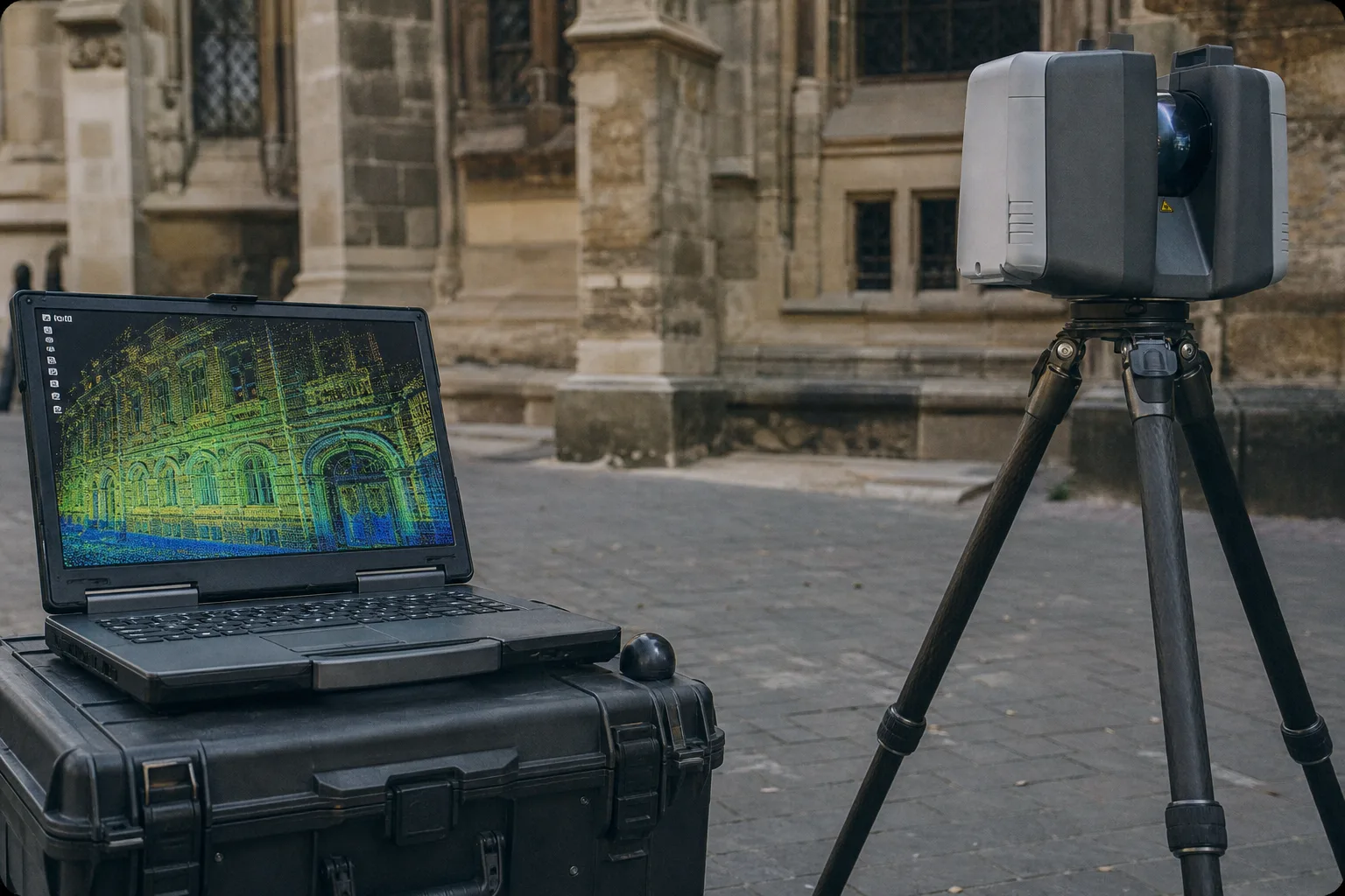 A surveyor's laptop displaying a dense colored point cloud of a building facade, set on a tripod case beside a terrestrial laser scanner on a paved site