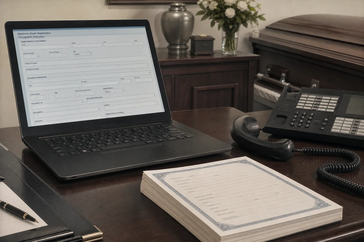 A funeral director's desk with a laptop open to a state electronic death registration form, a stack of blank certified copy request slips, and a landline pho...