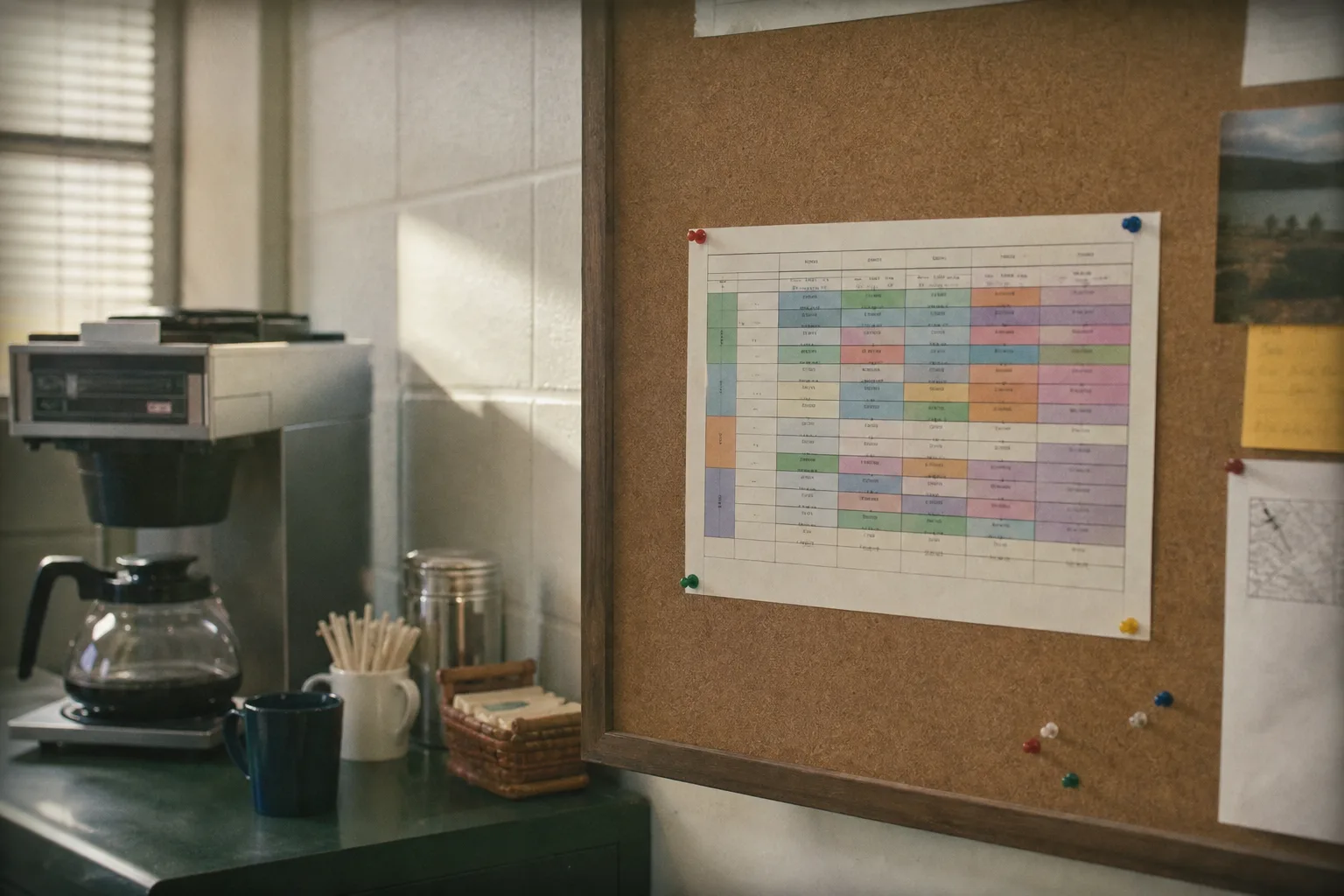 A staff schedule pinned to a corkboard in a break room beside a coffee machine