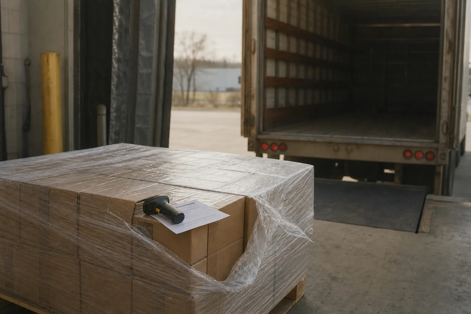 A warehouse receiving dock with a shrink-wrapped pallet partly unwrapped, a handheld scanner and a paper delivery receipt resting on a corner of the load, a...