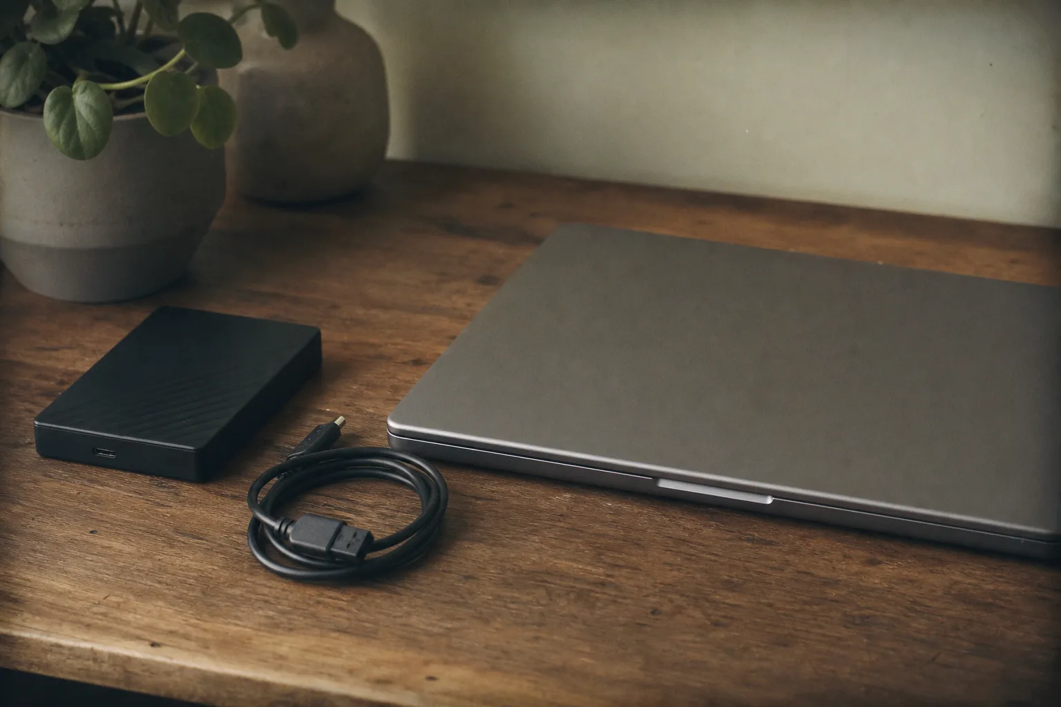 An external hard drive and a coiled cable sitting beside a closed laptop on a desk