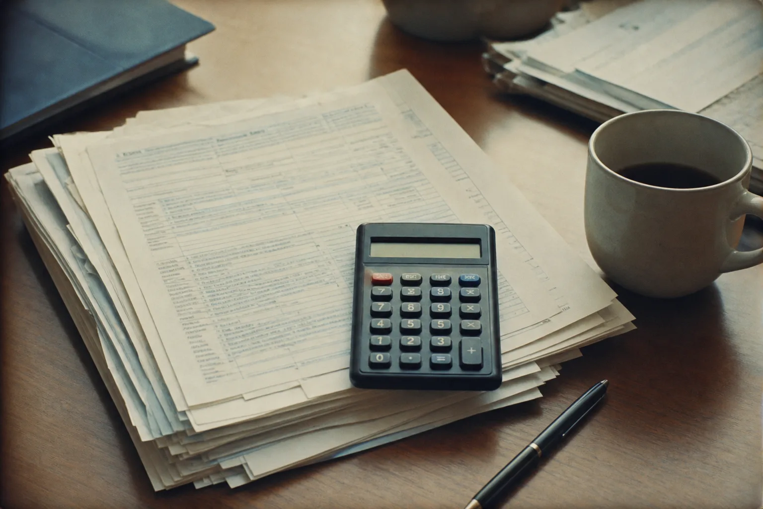 A stack of tax forms and a pocket calculator on a desk beside a mug and a pen