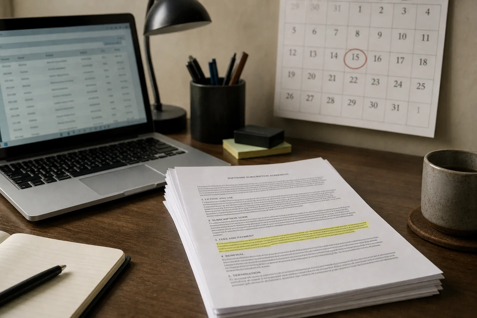 A printed multi-page software subscription agreement on a home office desk, one paragraph marked with a highlighter, beside a laptop showing an order list an...