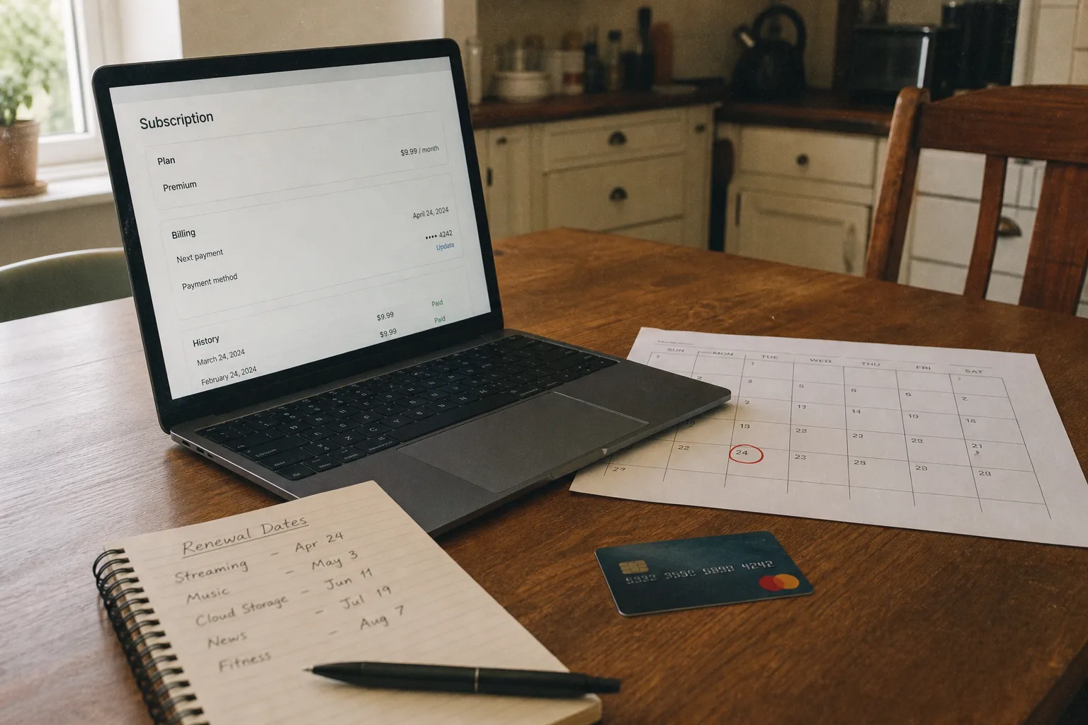 A kitchen table with a laptop showing a subscription billing page, a paper calendar with a date circled, and a credit card beside a notepad listing renewal d...