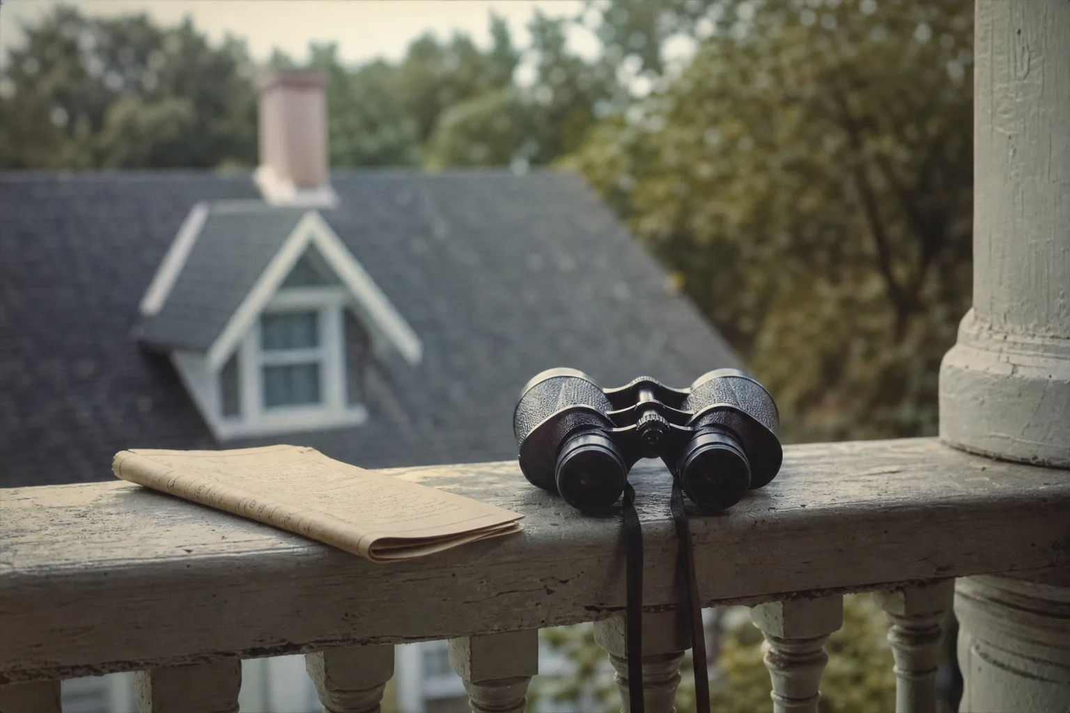A pair of binoculars and a folded paper checklist on a porch rail with a house roofline beyond