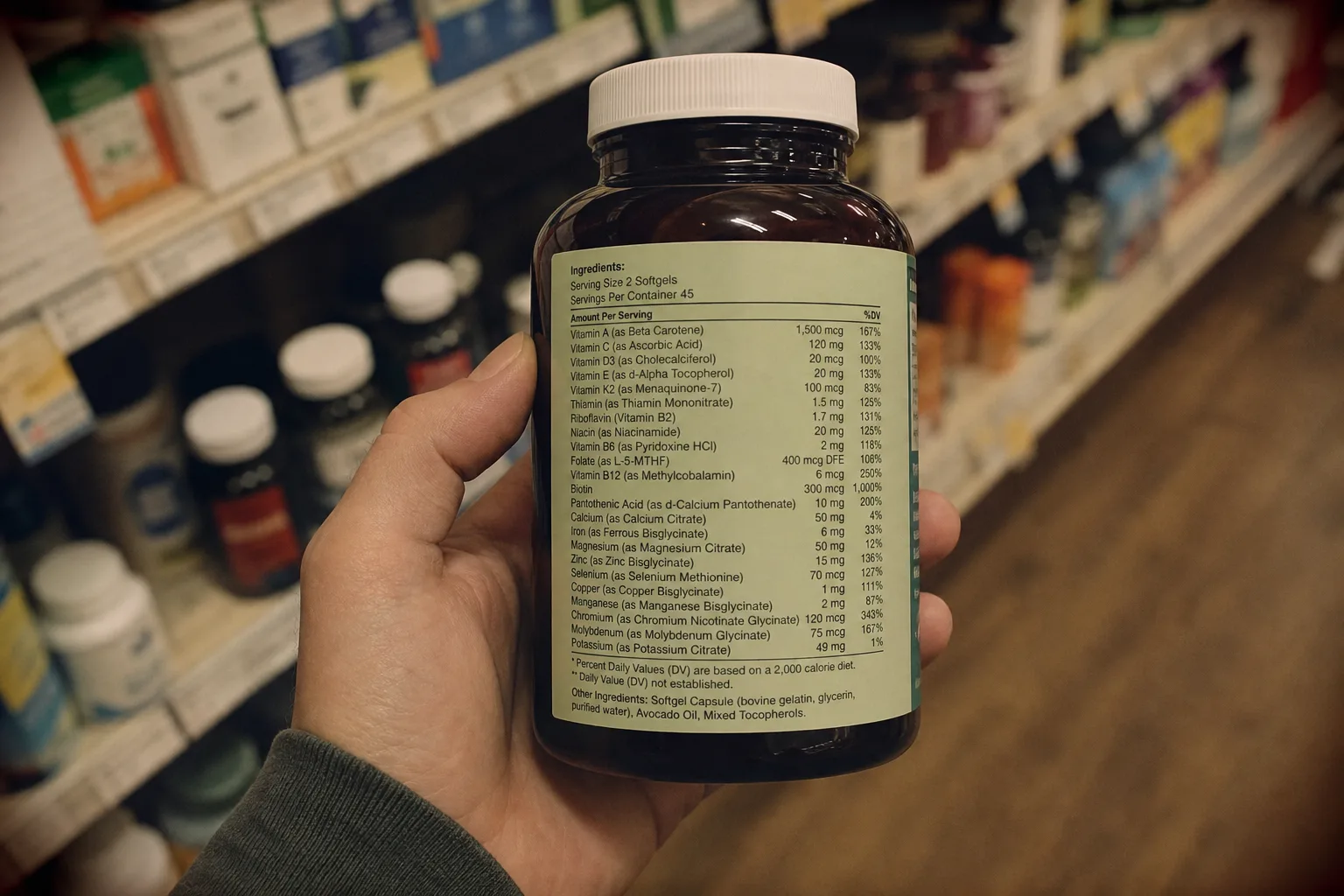 The back panel of a supplement bottle showing an ingredient list, held in one hand in a store aisle