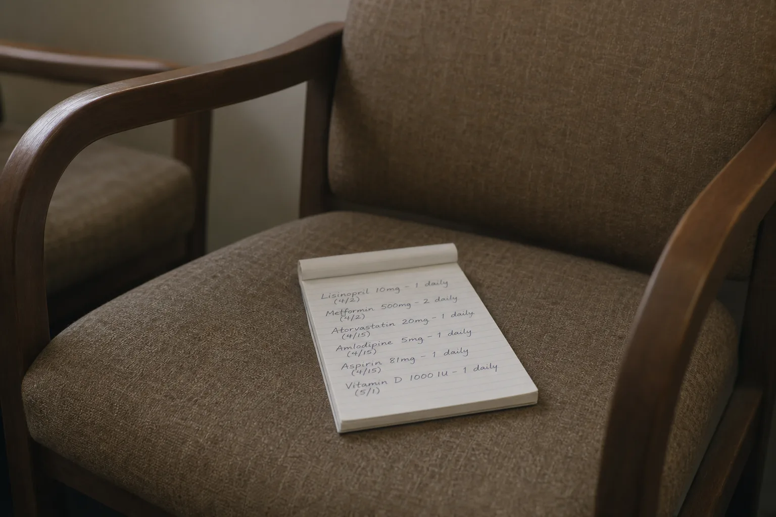 A handwritten list of medications and dates on a small notepad resting on a clinic waiting room chair