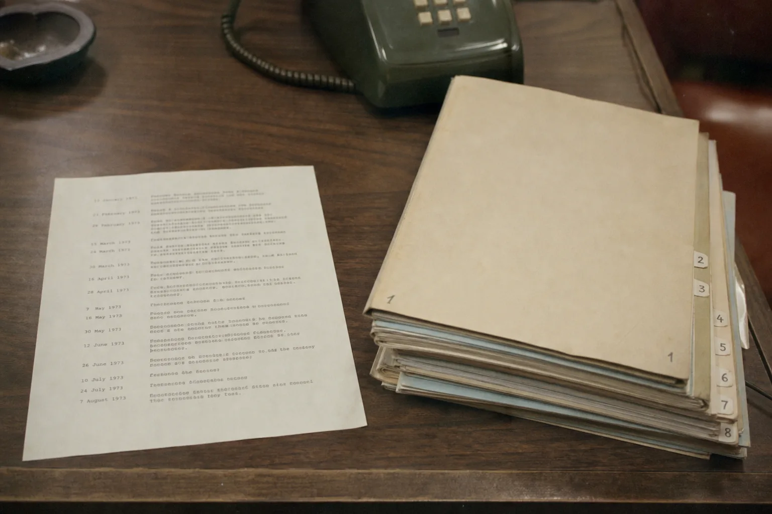 A one-page printed chronology and a numbered stack of documents on a table beside a phone