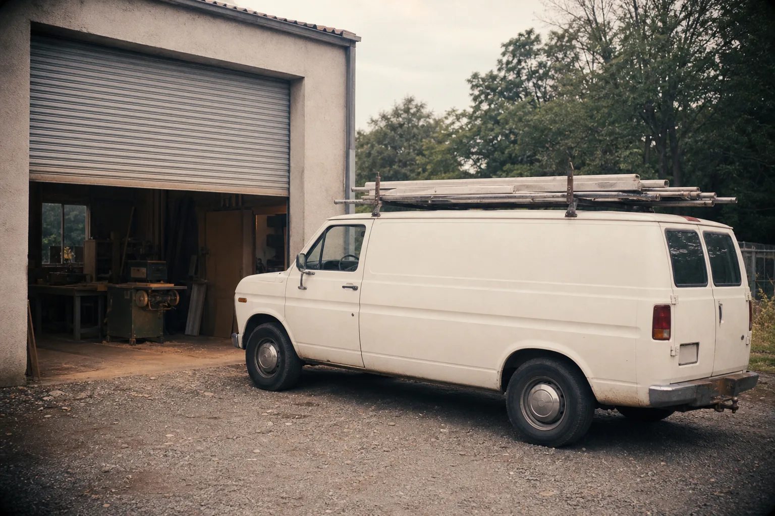 A work van parked outside a small contractor workshop with the roller door half open