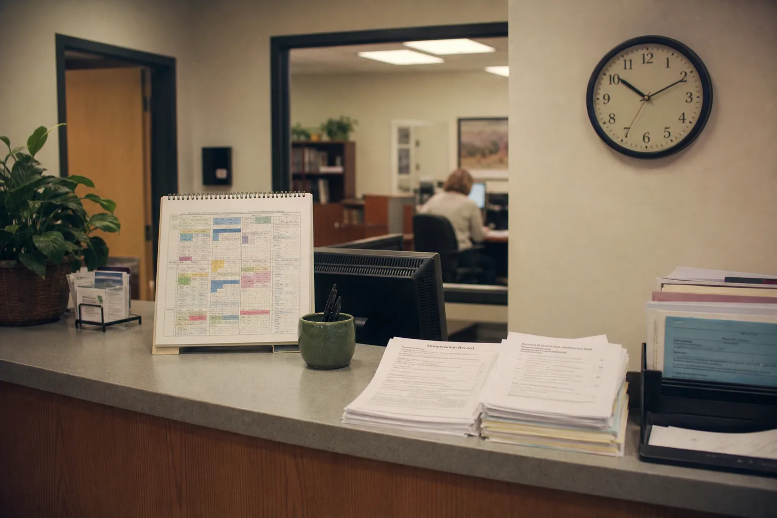 A community college registrar's counter with a printed academic calendar, a stack of immunization and background check forms, and a wall clock above