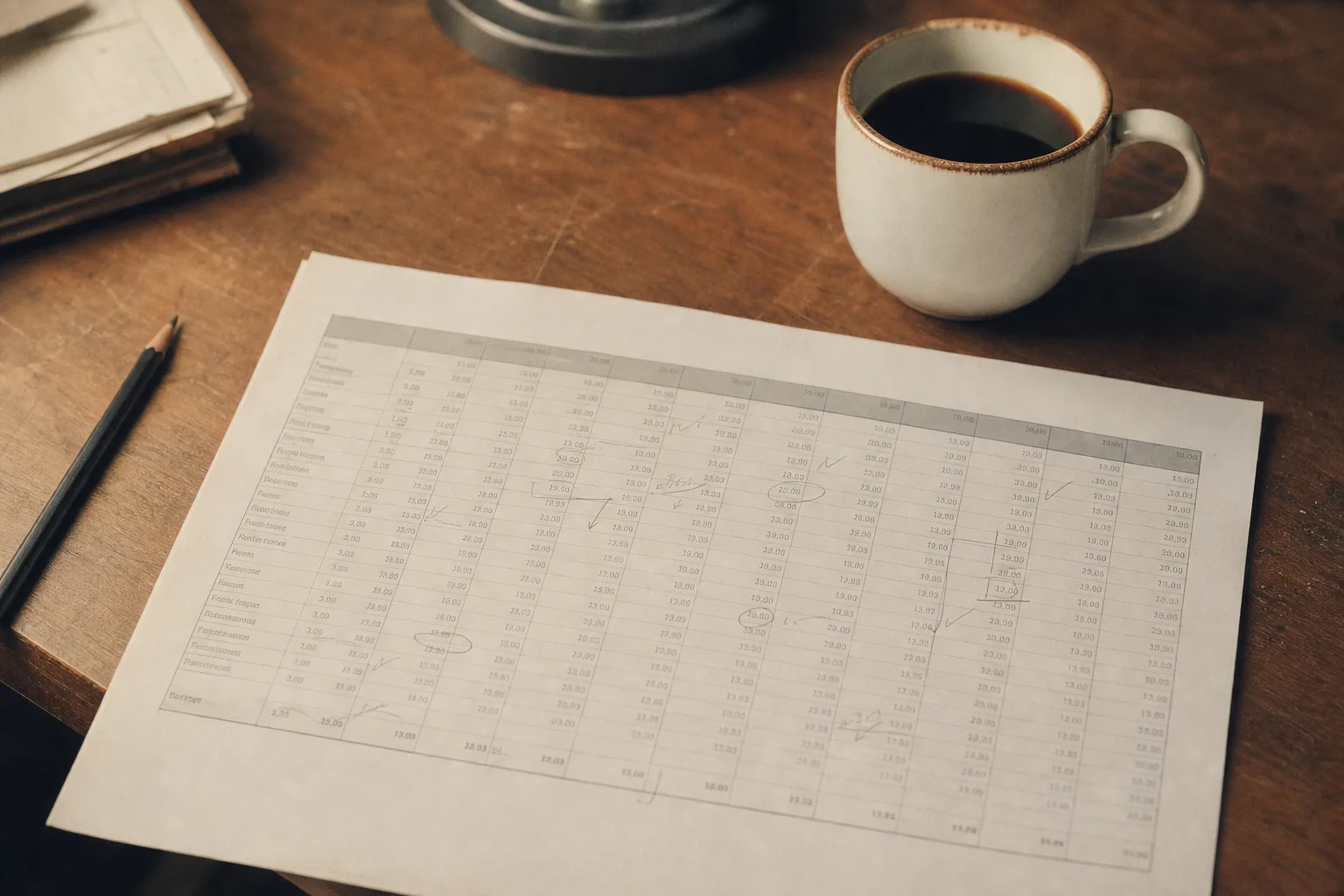 A spreadsheet printout with weekly columns marked up in pencil beside a coffee cup on a desk