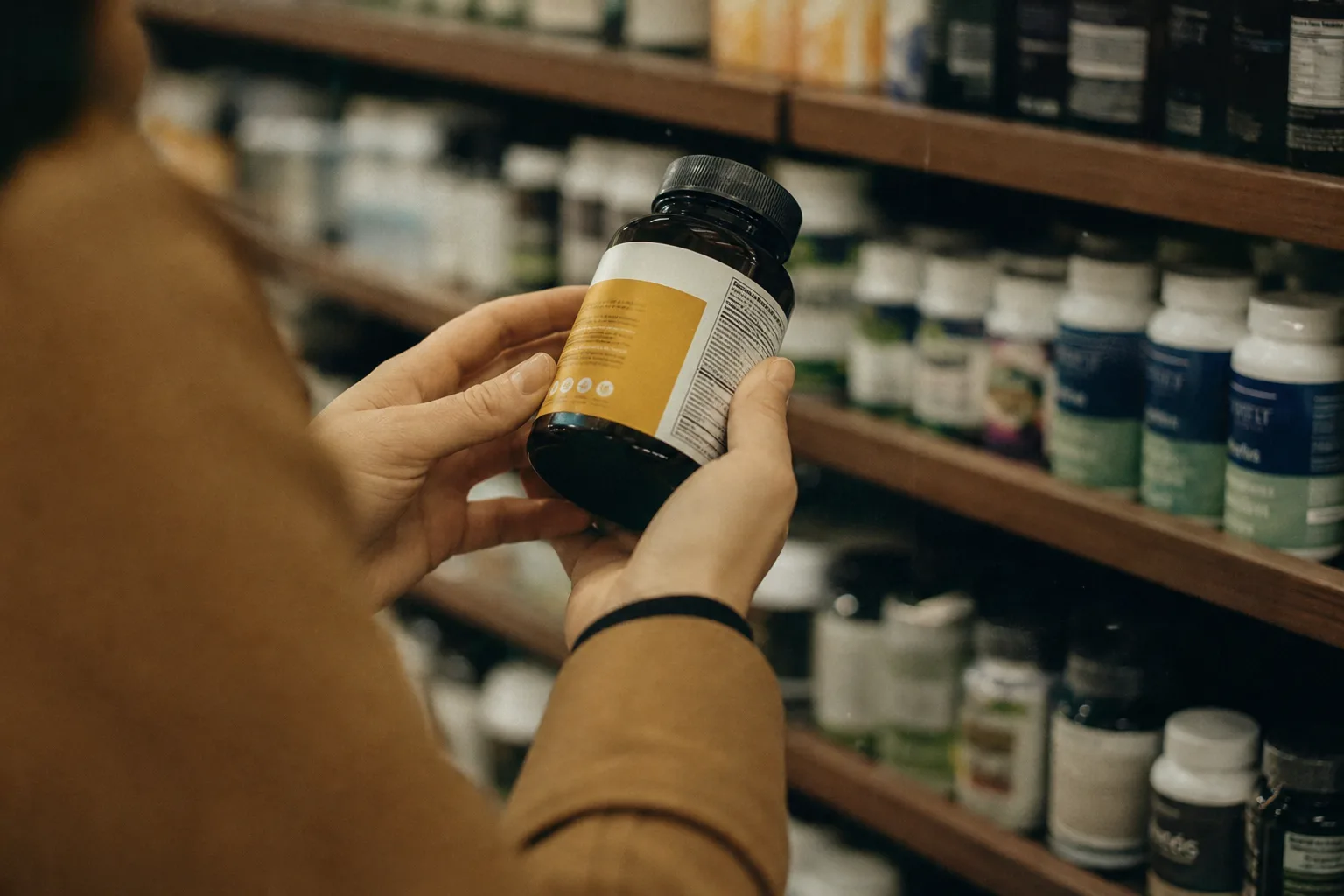 A person's hands holding a supplement bottle at a store shelf, turning it to compare the front label claims with the small-print panel on the side