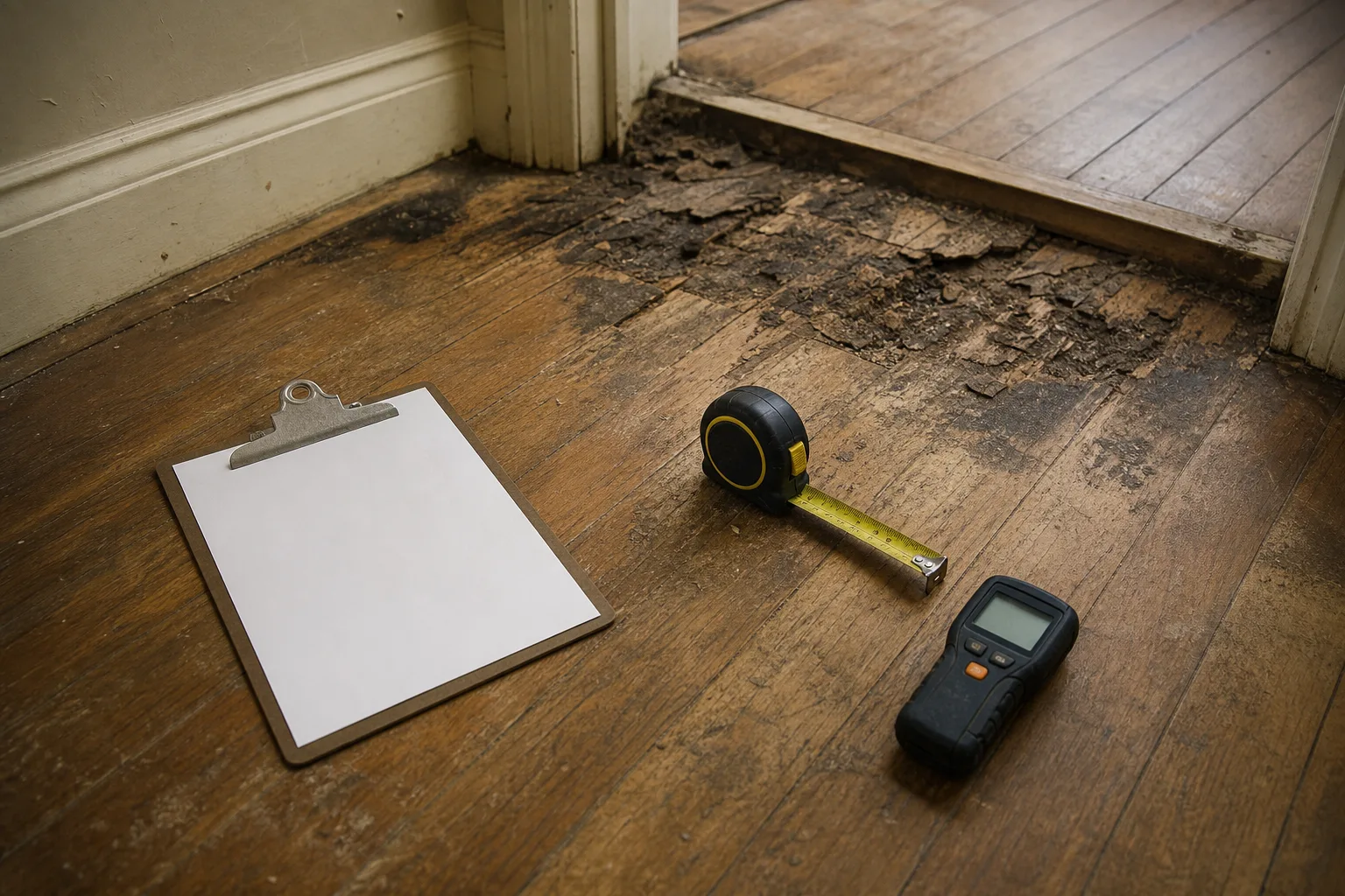 A clipboard, tape measure and a digital moisture meter resting on a damaged hardwood floor in a house