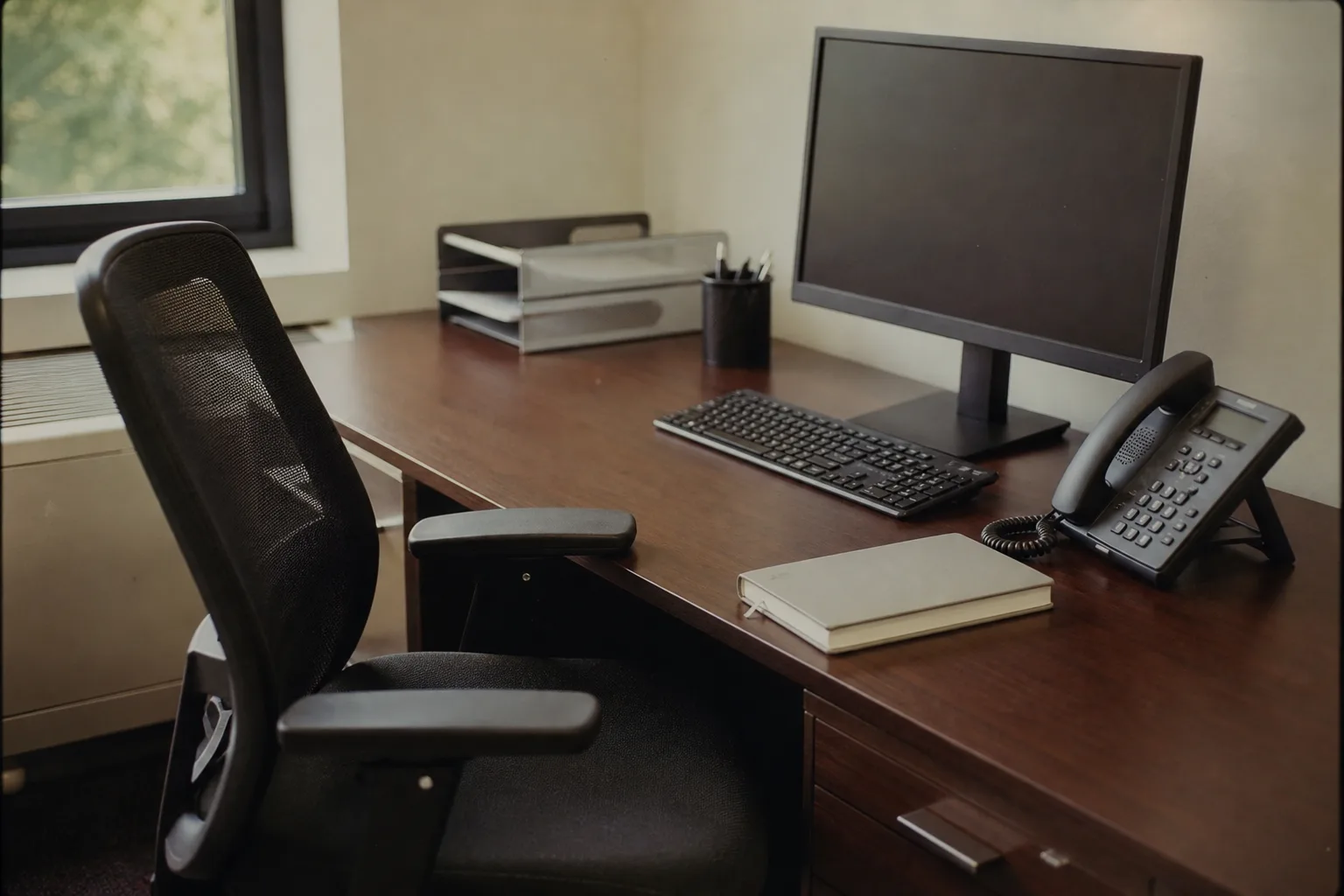 An empty office chair at a desk with a phone, a monitor and an unopened notebook
