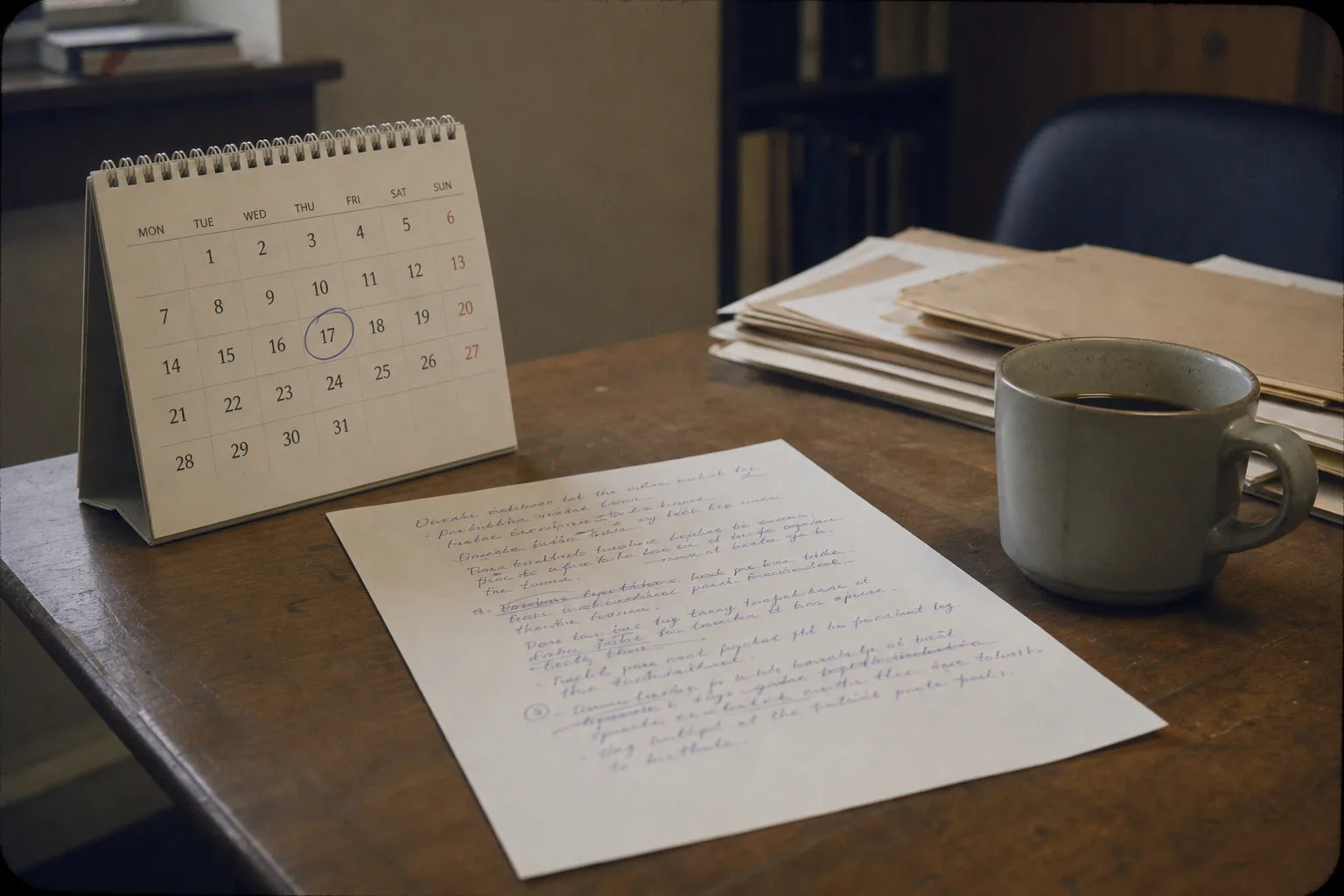 A desk calendar with a date circled in ink, beside a single printed page of handwritten review notes and a coffee cup, in a small office