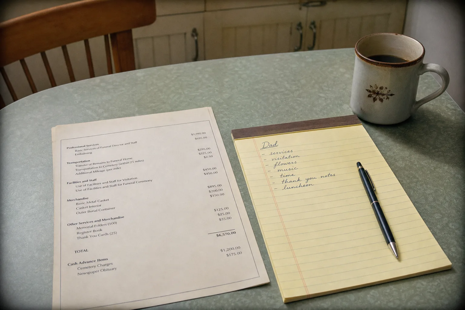 A kitchen table with an itemized funeral price list, a legal pad with a short handwritten list, a pen, and a cooling cup of coffee