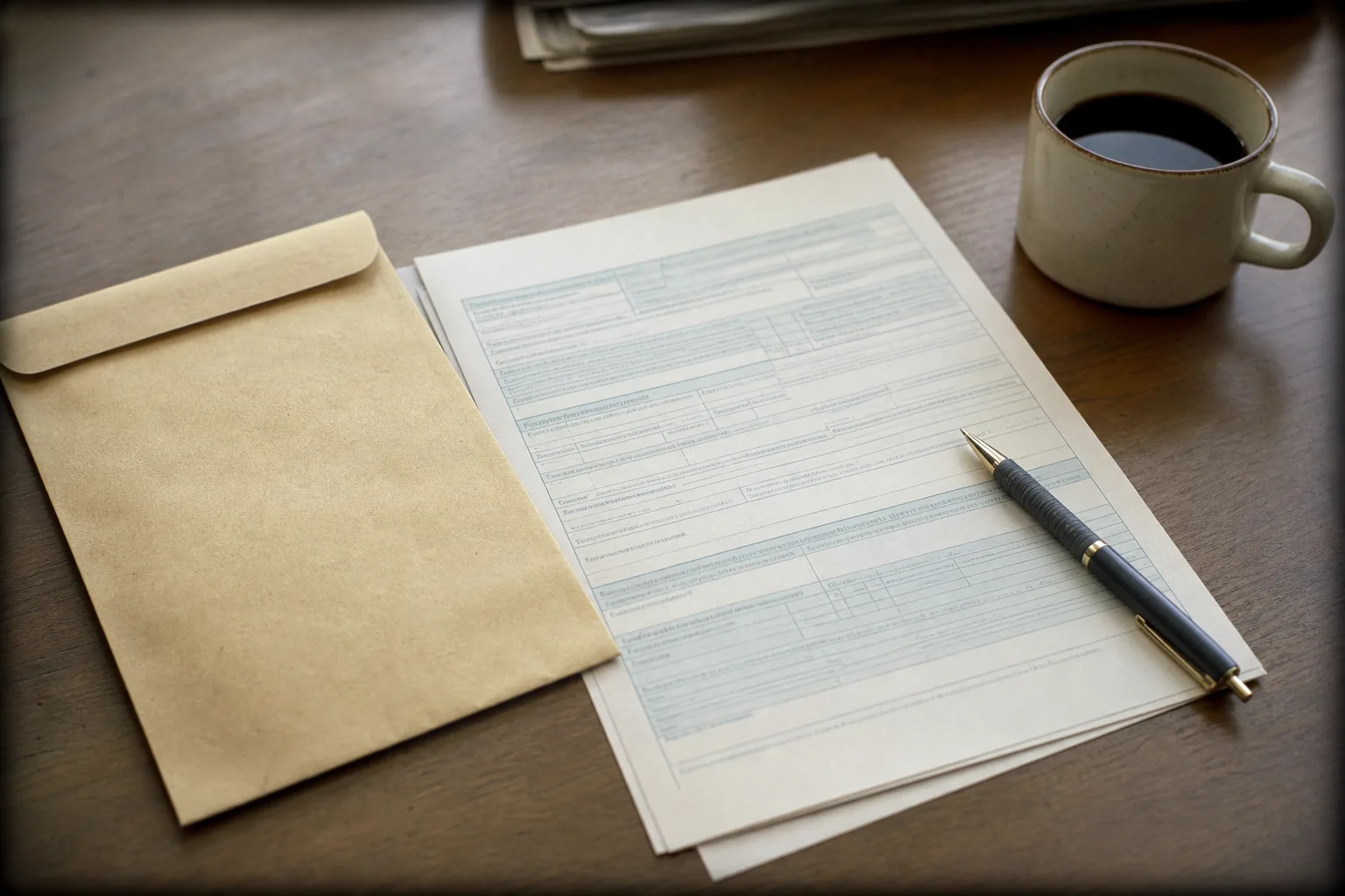 A state business filing form and an envelope on a desk with a coffee cup and a pen