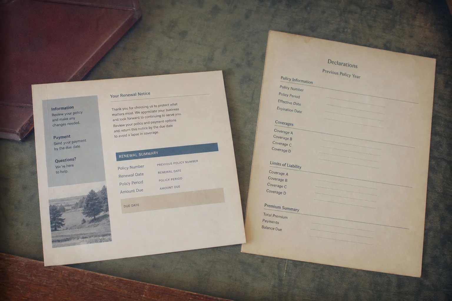 A renewal notice and a previous year's declarations page laid side by side on a table