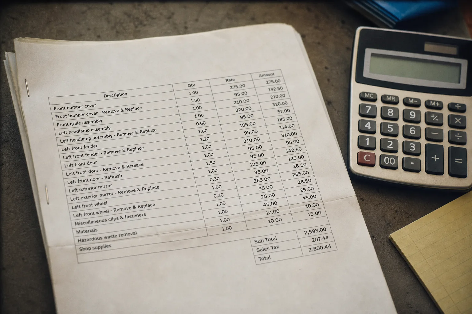 A detailed line-item repair estimate printed on several stapled pages beside a calculator