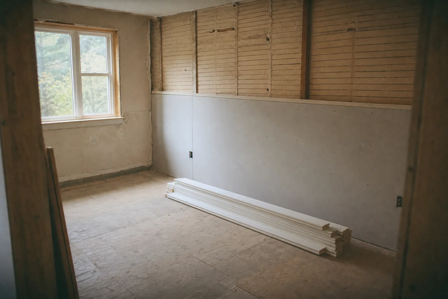 A partly rebuilt room with new drywall on the lower wall, bare subfloor and stacked trim boards