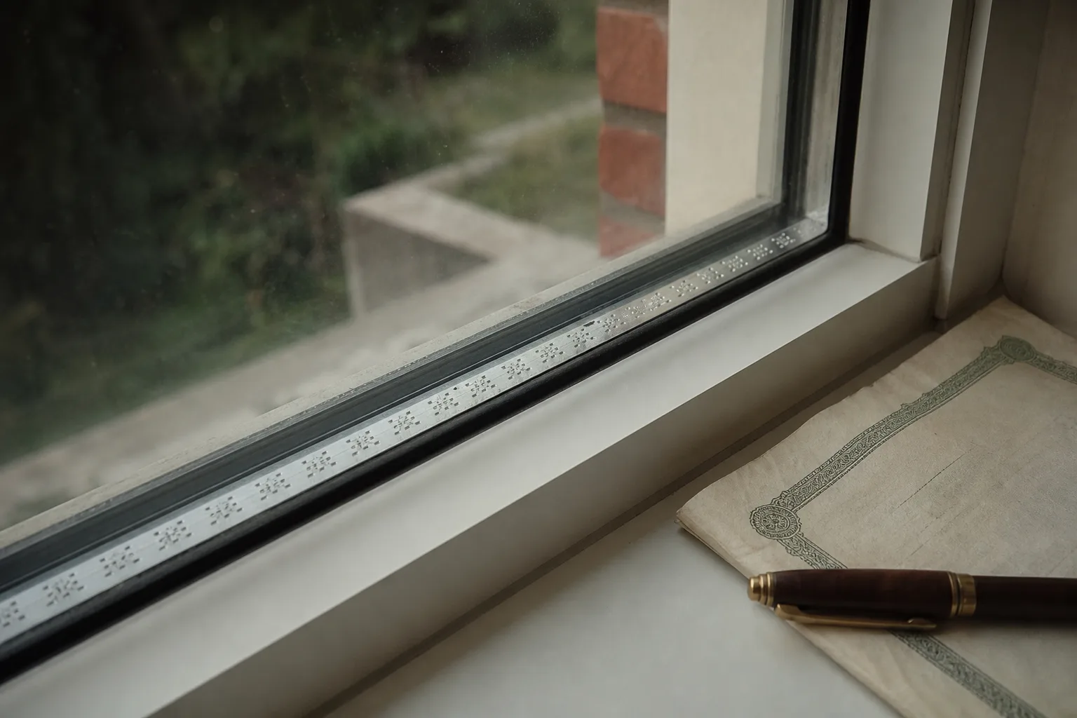 A close-up of a residential window frame interior showing the manufacturer's spacer bar etching between the glass panes, with a folded warranty document and...