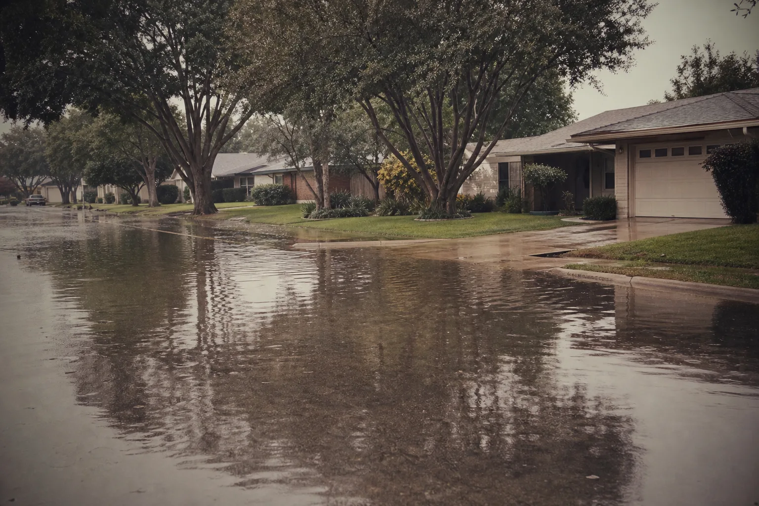 A residential street with standing water reaching the curb and the lower edges of driveways after heavy rain