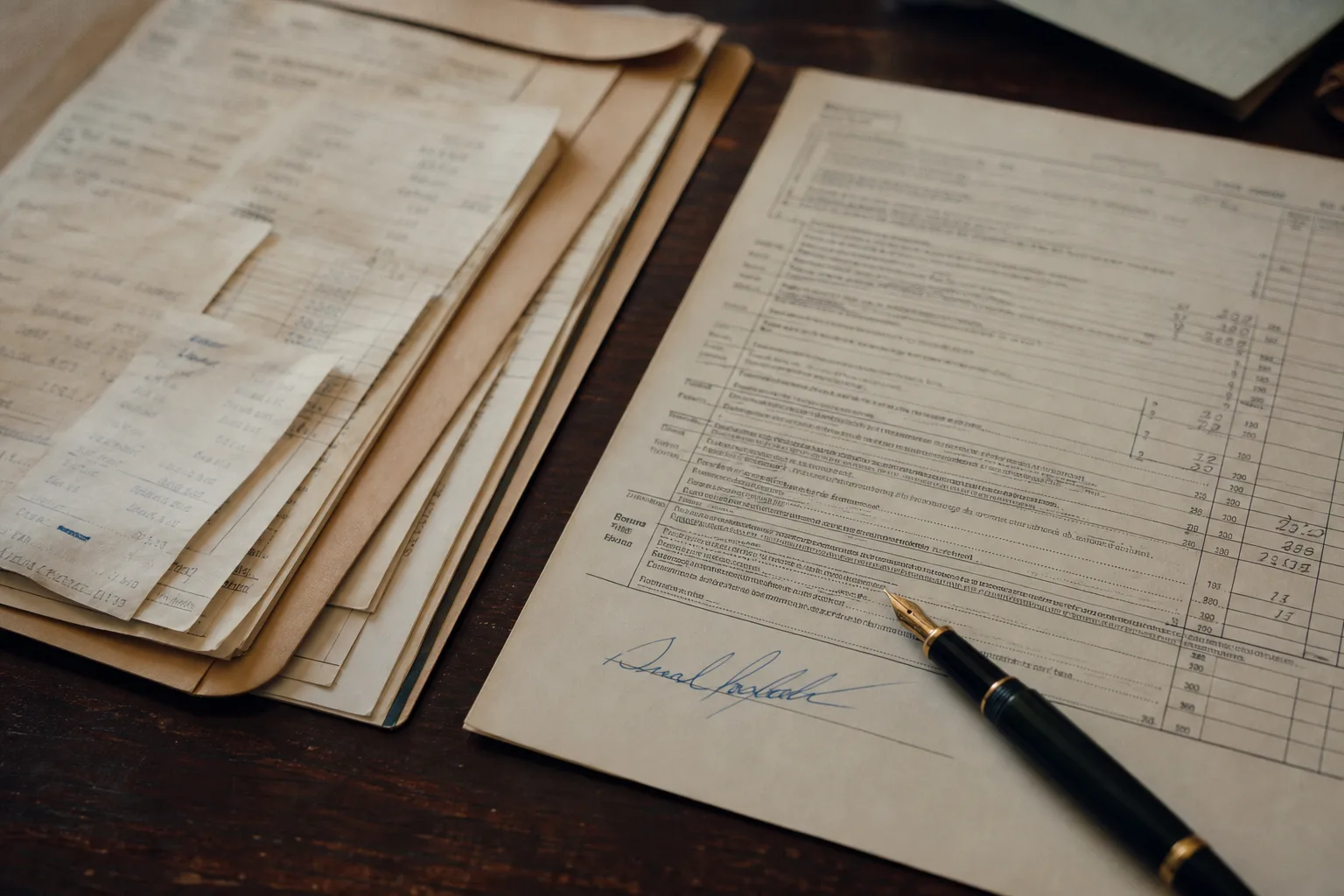 A signed tax return page and a fountain pen on a desk beside a folder of receipts