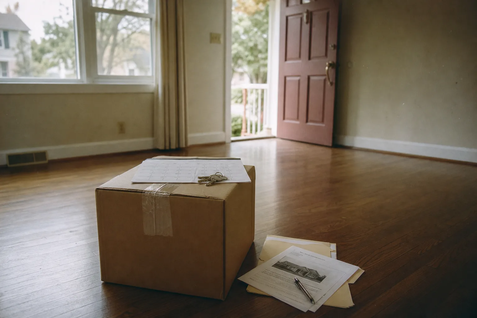 A moving box sealed with tape sitting in the empty front room of a suburban house, a calendar page and a set of keys resting on top of it, real estate paperw...